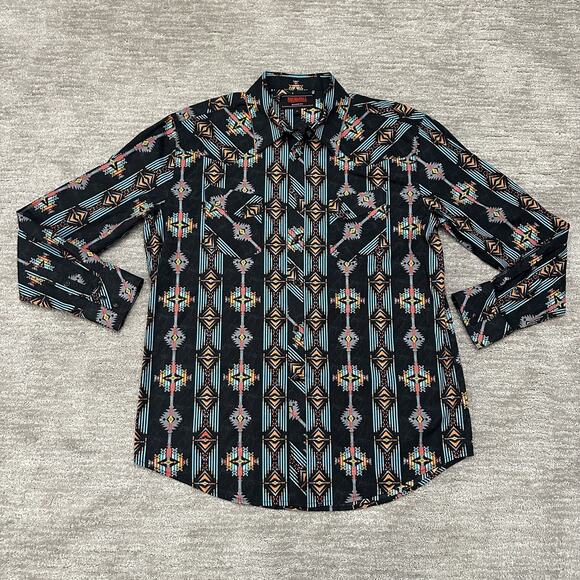 Rock & Roll Cowboy Shirt Mens XL Black Aztec Western Pearl Snap Retro Rodeo - Picture 1 of 12